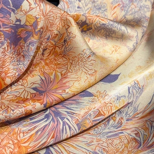 French tropical rainforest floral print silk square scarf with elegant satin luster