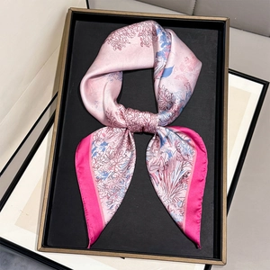 French tropical rainforest floral print silk square scarf in soft pink and rose hues