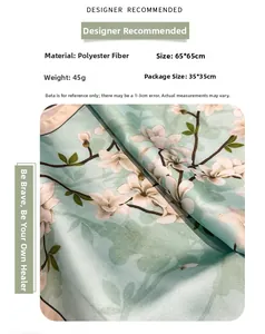 Detail of floral polyester satin square scarf showing 65x65cm size and fabric specs