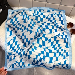 Elegant geometric blue and white checkered square silk scarf with light blue satin edges