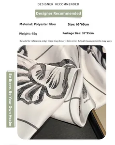 Detail showing shell print silk scarf with 65x65cm dimensions and abstract floral pattern