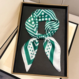 Polka dot and stripe silk scarf in green and white displayed in a black frame