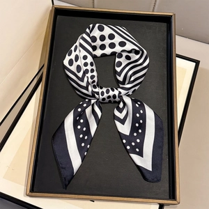 Women's Vintage Polka Dot Stripe Satin Square Scarf Elegant Print Neck Scarf Fashion Silk-Like Head Scarf Office Lady Accessories