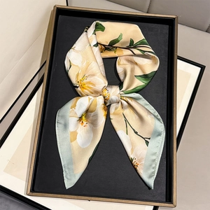 Vintage Camellia Floral Print Square Satin Scarf For Women Elegant Flower Pattern Polyester Silk Like Necktie Hair Accessory