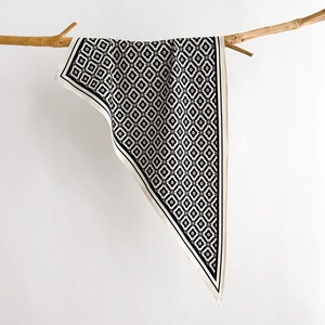 Sciarpa di seta minimalista in bianco e nero con motivo geometrico su un ramo