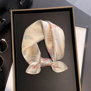 Silk square scarf with paisley pattern on beige base for women fashion accessory