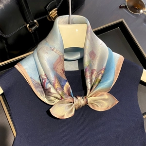 Sciarpa Di Raso 100% Raso Di Gelso Quadrata Stampata Pittura A Olio Paesaggio Marino Elegante Stile Francese Vintage Donna