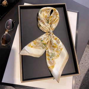 Elegant 100% mulberry silk scarf with spring leaf print and a pearl decorative buckle