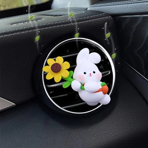 Cute bunny car air vent clip holding a sunflower with air flow visual effect
