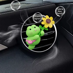 Cartoon frog car air freshener with sunflower on vent clip with smoke aroma effect