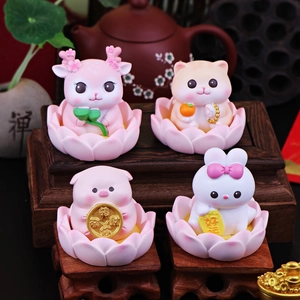 Cute Resin Animal Figurines In Lotus Base Zen Style Desktop Decor Cat Pig Deer Rabbit Office Desk Ornament Home Decorations