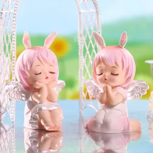 Mignonne Figurine Fille Ange Oreilles De Lapin Vinyle Décoration Bureau Cheveux Roses Ailes Décoration Gâteau Cadeau