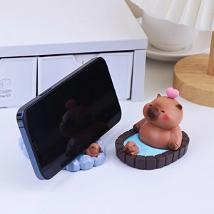 Capybara phone holder with cloud and wooden tub base for desktop office decor