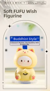 Close-up of a scented vinyl cat figurine in a prayer pose for desk decoration
