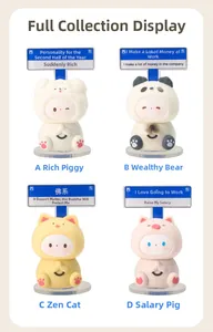 Detail view of 4 cute animal figurines with prayer gestures and office decor signs