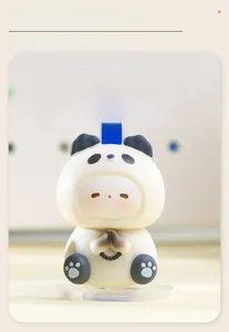 Macro view of cute panda aromatherpy desk figurine with money-making street sign