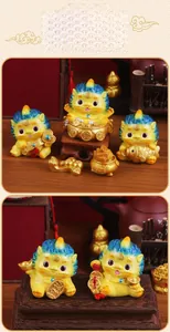 Detailed set of 5 yellow resin Pixiu figurines with gold coins on traditional wood desk