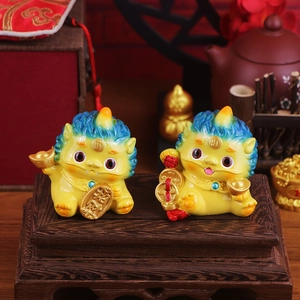 Lucky Pi Xiu figurines set on wooden base with golden ingots for desk decor