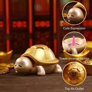 Golden turtle incense burner for cone incense with character decoration and matte finish