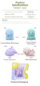 Detailed size specifications for mini resin dinosaur ornaments in four assorted colors