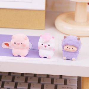 Three cute flocked mini animal figures for desktop decoration, healing workspace style