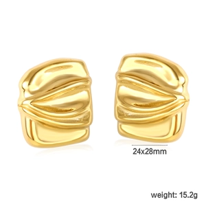 Detail of 18K gold plated swirl earrings showing 24x28mm size and 15.2g weight specs