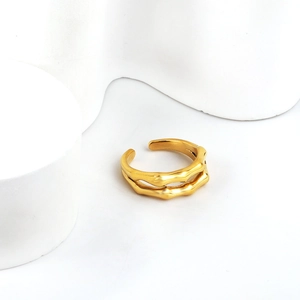 Modern double-layer gold open ring featuring irregular lava texture and bamboo joint design