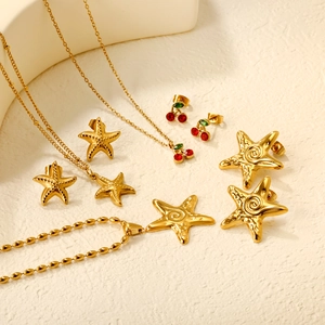 Starfish And Cherry Rhinestone Necklace And Earrings Jewelry Stainless Steel Gold Plated For Women Summer Vacation Style