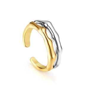 Irregular lava style two-tone open ring with gold and silver wave textured steel bands