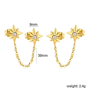 Detail van 18k vergulde roestvrijstalen ster oorknopjes met afmetingen van 39mm ketting
