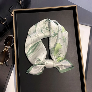 Pure Mulberry Satin Scarf Small Square Green Leaf Plant Print Elegant French Style Neck Kerchief For Women