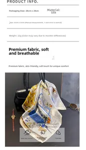 Détail d'un foulard en soie de 53cm avec motif floral bleu sur table en bois foncé