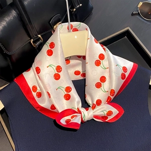 Women Mulberry Silk Square Scarf Cherry Print Neckerchief Red Contrast Border Elegant Versatile Bandana Office Bag Accessory
