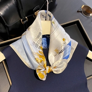Foulard en soie pour femme motif peinture à l'huile française avec fleurs jaunes et bleu