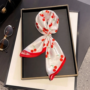 Elegant white silk square scarf with cherry print and golden pearl buckle accessory