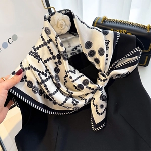Elegant black and white 100% mulberry silk square scarf with pearl chain and dot patterns
