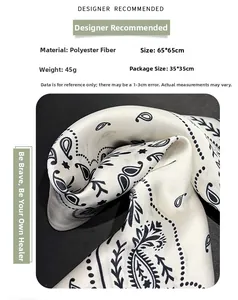 Detailed view of 65x65cm paisley pattern square scarf with technical fabric specifications