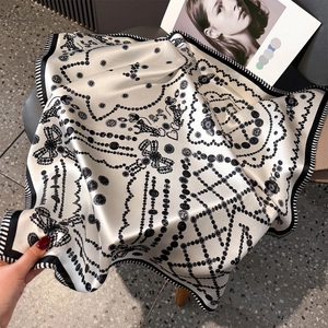 Fashionable 100% silk square scarf with vintage leopard and rose prints in cream and black