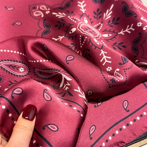 Luxurious burgundy paisley silk-like satin square scarf with elegant vintage patterns