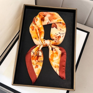 Elegant silk square scarf with orange floral print and dark red borders for women
