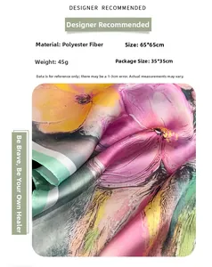 Detail of 65x65cm floral print polyester scarf with smooth silk-like texture