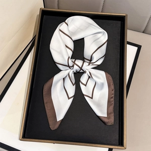 Elegant 70cm geometric silk square scarf with brown stripes and satin finish