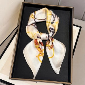 Detail view of square scarf featuring chain prints and horse bit patterns in a gift box