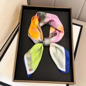 Artistic oil painting style floral silk scarf featuring vibrant multi-color abstract print