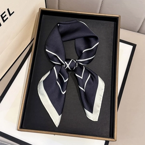 Navy blue silk-like square scarf with white geometric stripes and contrasting borders