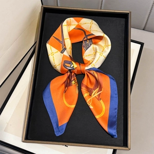 Luxurious silk-feel square scarf with equestrian chain print in orange and navy blue