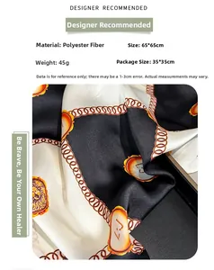 Detail of 65x65cm printed polyester scarf showing fabric texture and chain pattern
