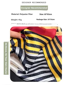 Detailed view of striped polyester scarf, 65x65cm size with glossy silk-like fabric texture