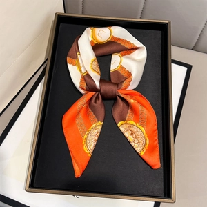 Silk-textured square scarf with lion crest and chain print in orange and brown