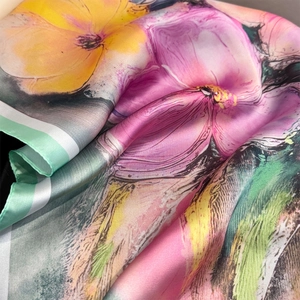 Silk-like oil painting floral square scarf with pastel flower print and striped borders